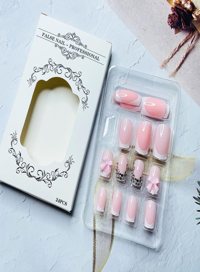 LRKNNO French Tip Press on Nails Short Square, LRKNNO Pink Fake Nails with Charms Designs Cute Glue on Nails White Nail Tips Full Cover Acrylic Nails Bows False Nails for Women Girls DIY Manicure Salon 24Pcs - Image 4